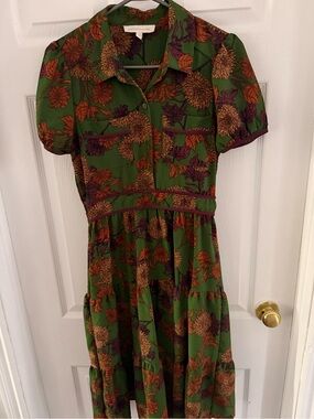 Green Floral Button-Front Midi Dress
